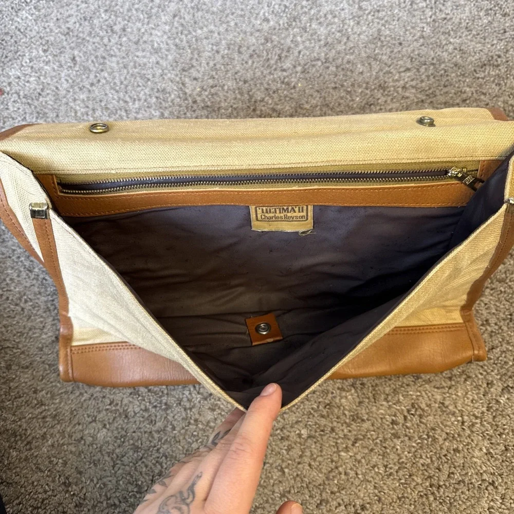 Vintage Charles Revson Attache Briefcase by Ultima II Beige‎ Brown Woven Canvas